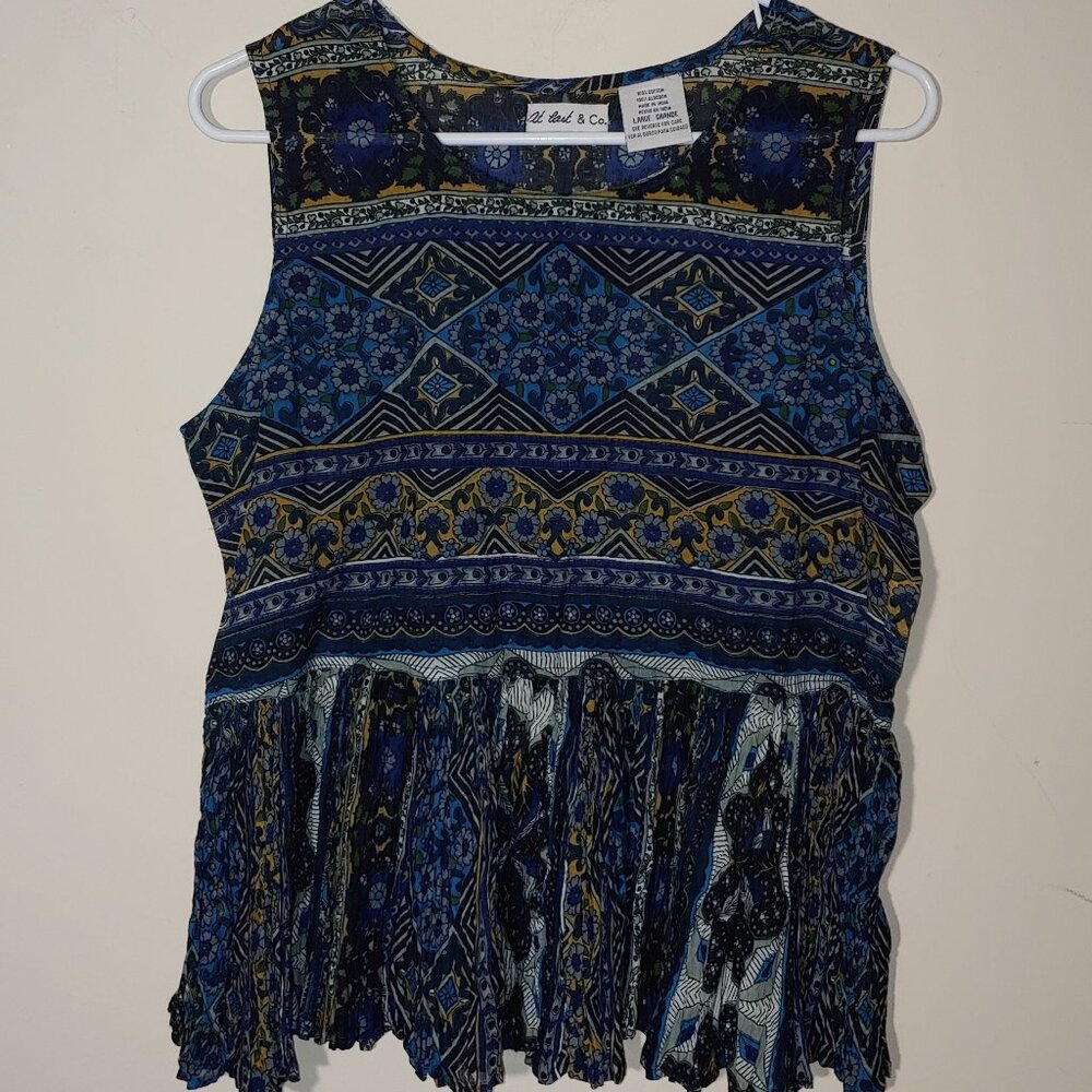 At last and Co Sleeveless Peplum 100% Cotton Aztec Print Blouse Size L Blue